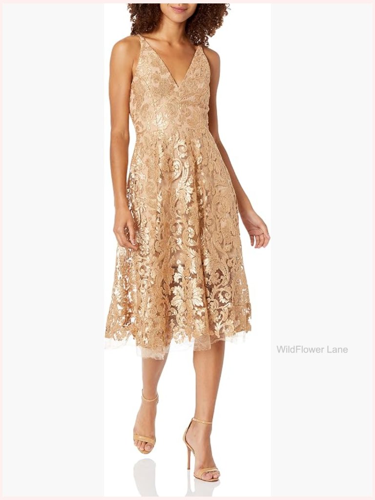 Sequin Lace Floral Fit & Flare Midi Dress V-Neck Sleeveless